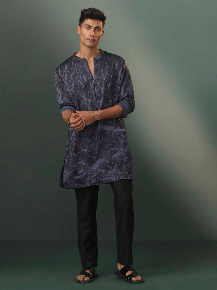 Sarvati Men's Grey And Black Printed Cotton Blend Kurta Pyjama Set