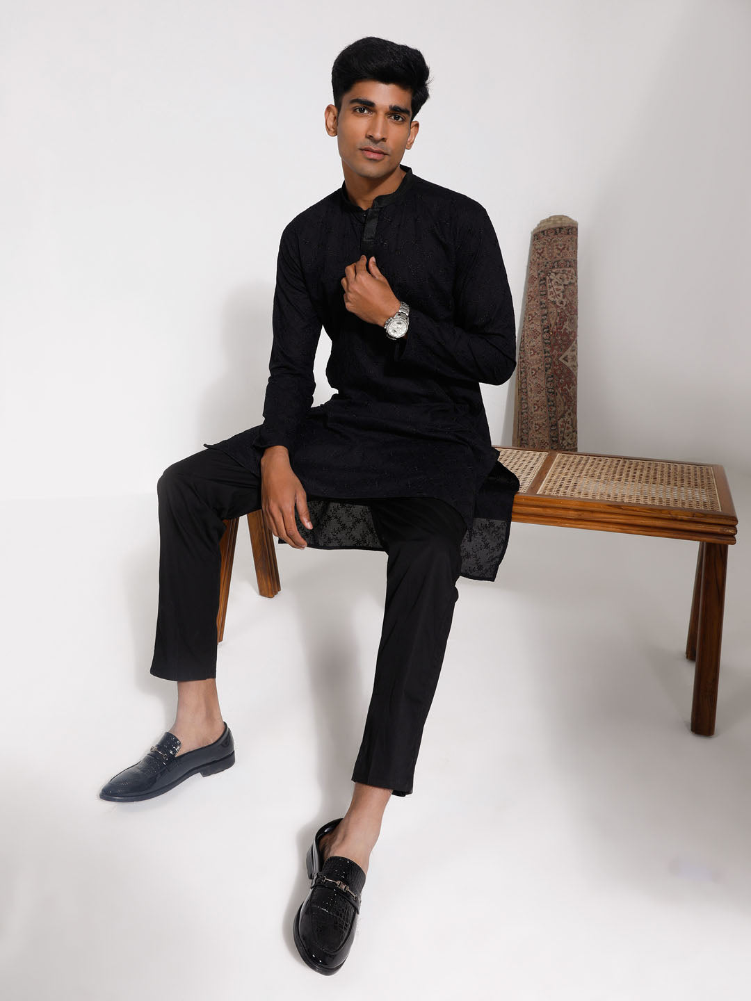 Sarvati Men's Black Cotton Kurta Pyjama Set