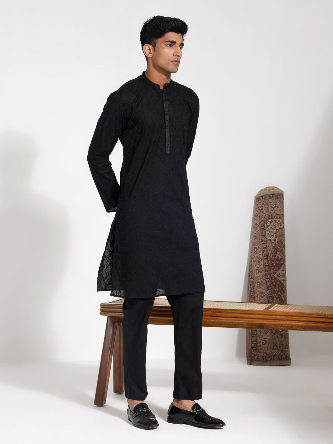 Sarvati Men's Black Cotton Kurta Pyjama Set