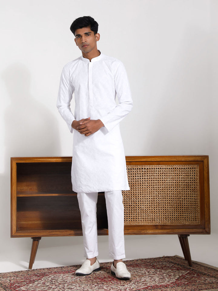 Sarvati Men's White Cotton Kurta Pyjama Set