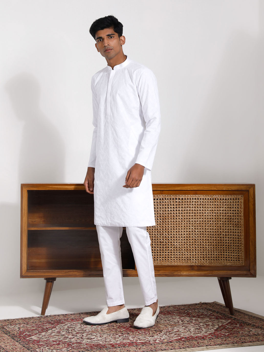 Sarvati Men's White Cotton Kurta Pyjama Set