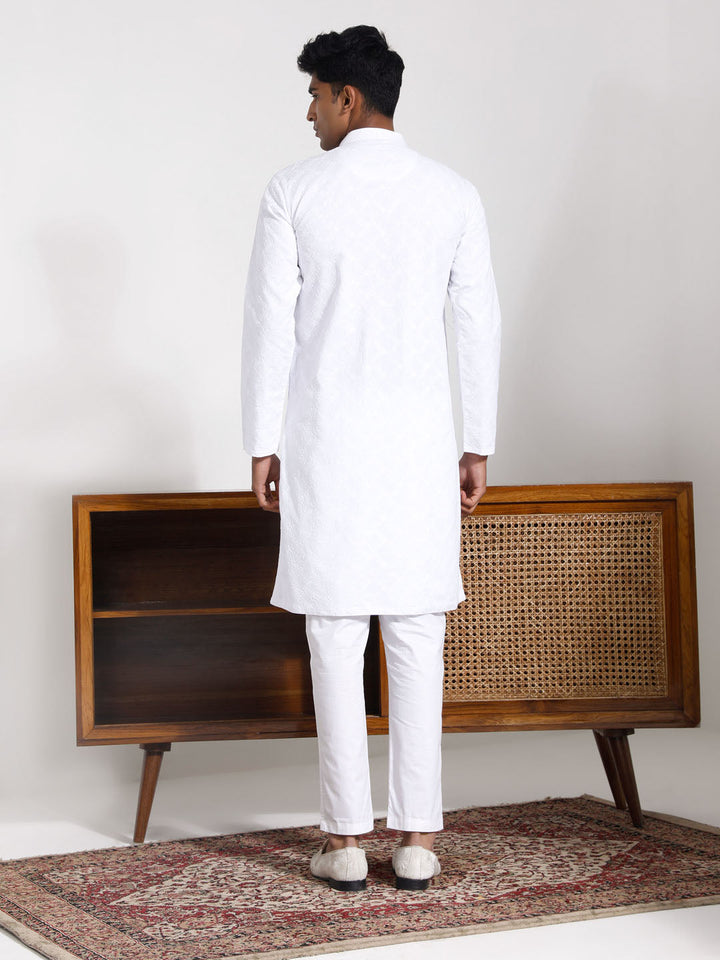 Sarvati Men's White Cotton Kurta Pyjama Set