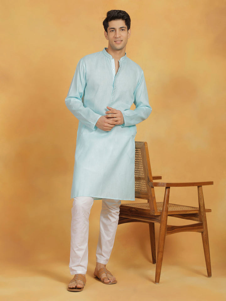 Sarvati Men's Aqua And White Cotton Kurta Pyjama Set