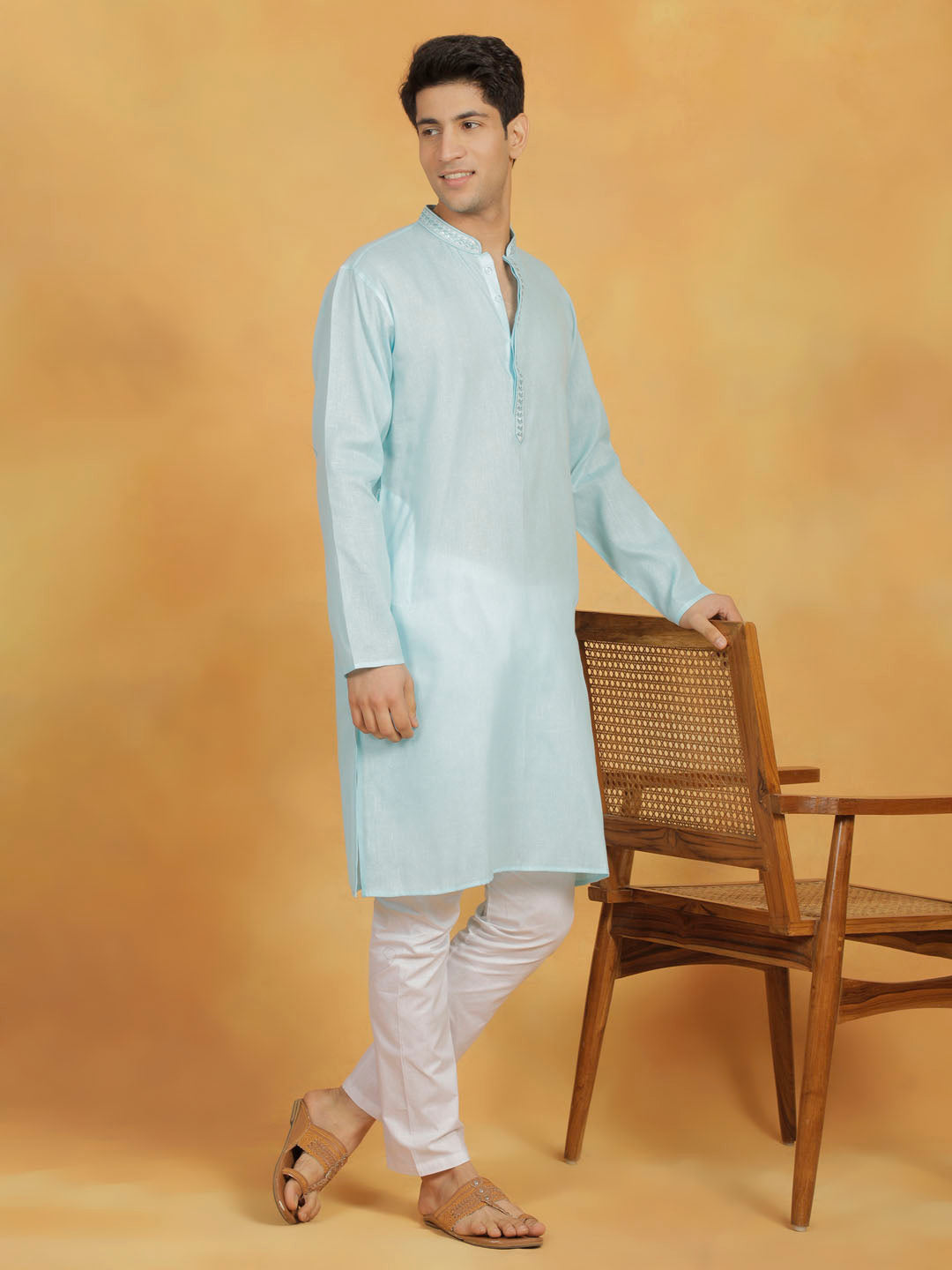 Sarvati Men's Aqua And White Cotton Kurta Pyjama Set