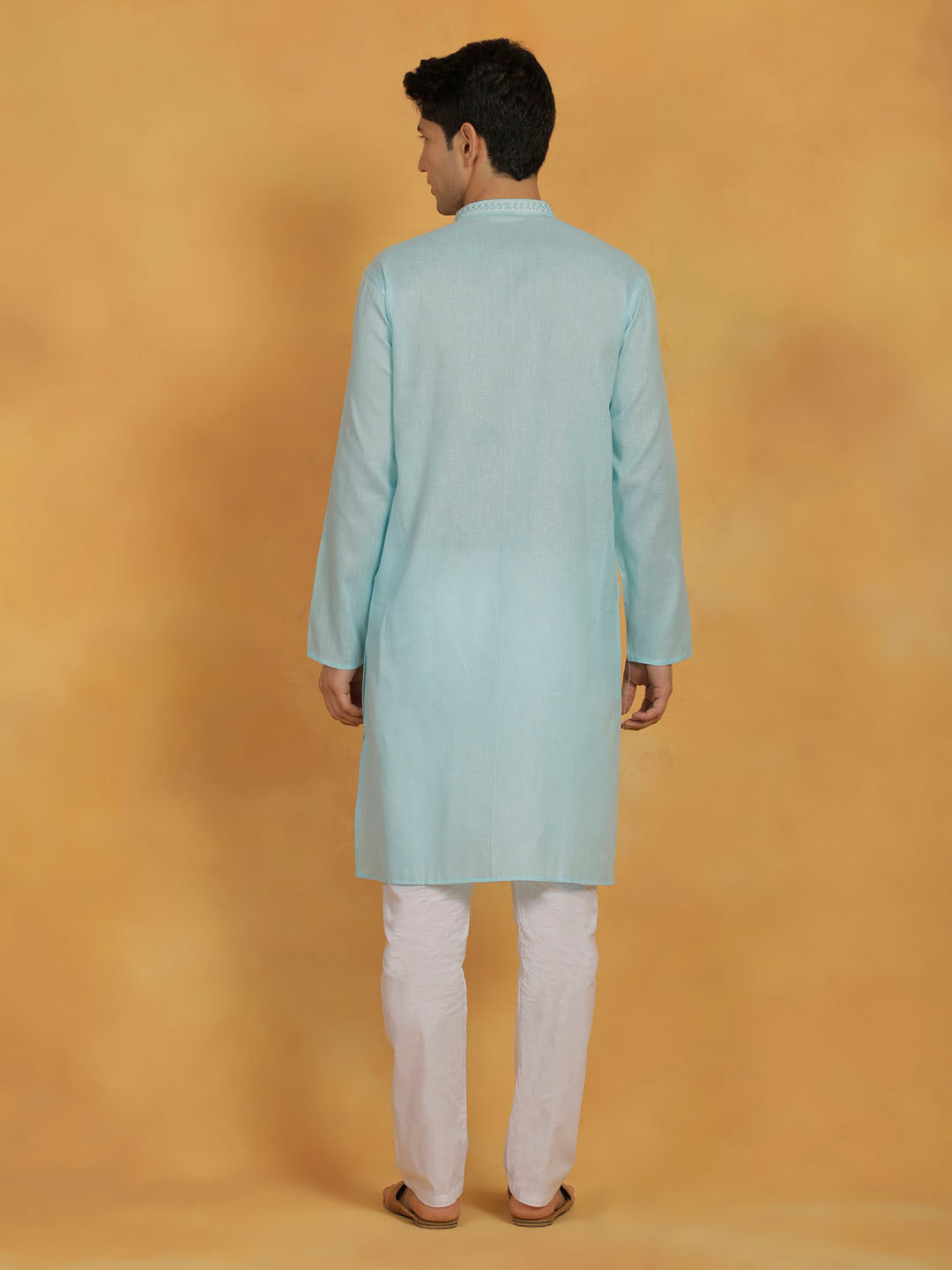 Sarvati Men's Aqua And White Cotton Kurta Pyjama Set