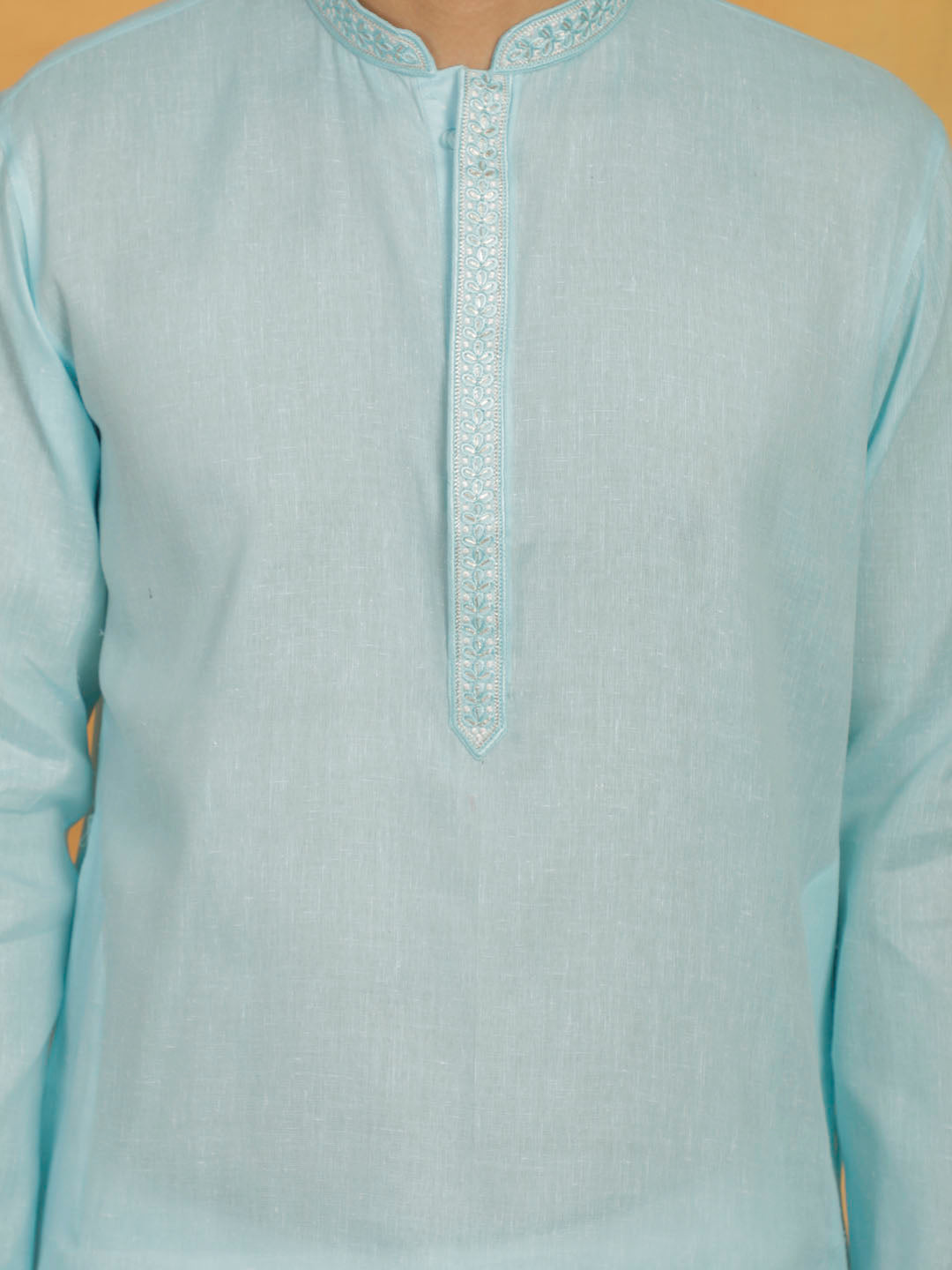 Sarvati Men's Aqua And White Cotton Kurta Pyjama Set