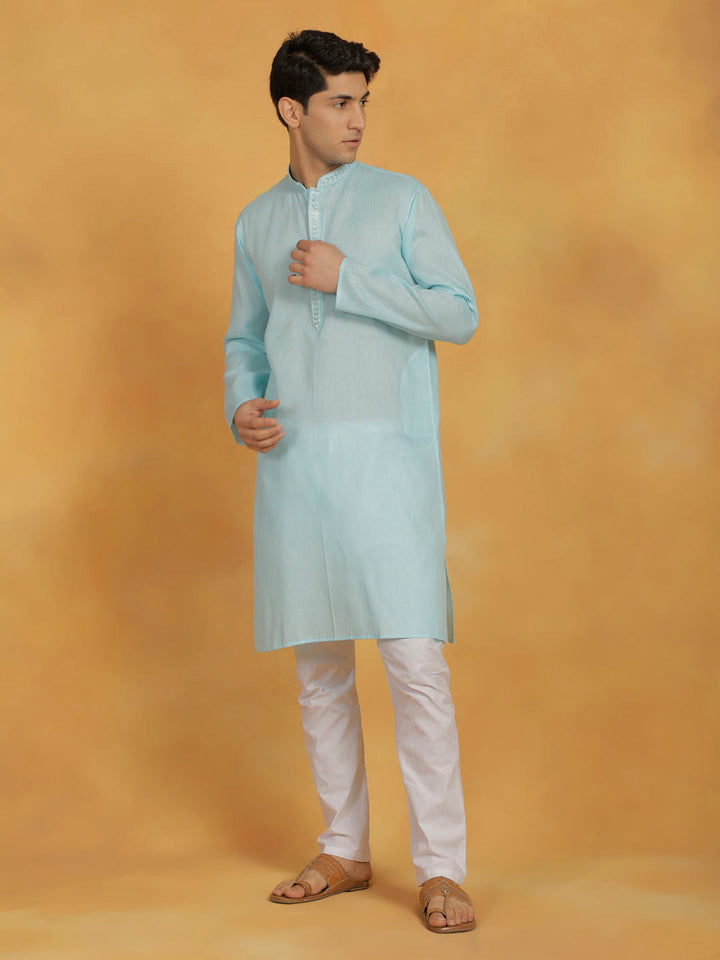 Sarvati Men's Aqua And White Cotton Kurta Pyjama Set