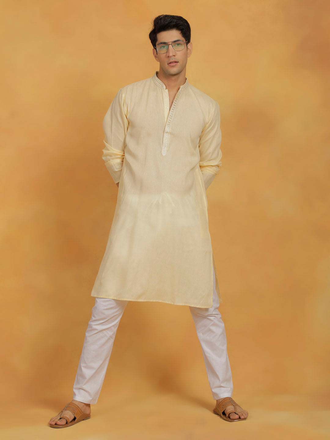 Sarvati Men's Cream And White Cotton Kurta Pyjama Set