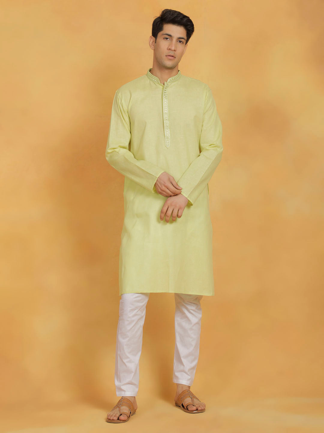 Sarvati Men's Mint Green And White Cotton Kurta Pyjama Set