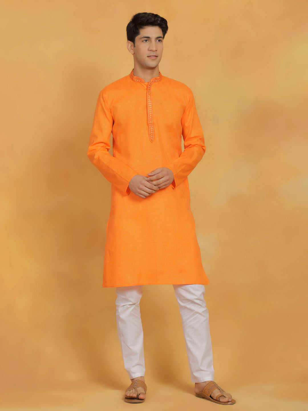 Sarvati Men's Orange And White Cotton Kurta Pyjama Set