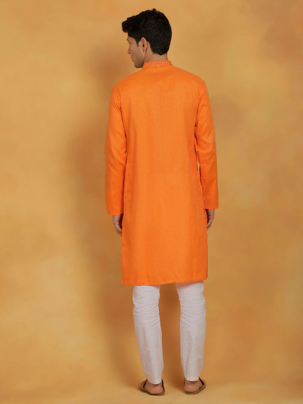 Sarvati Men's Orange And White Cotton Kurta Pyjama Set