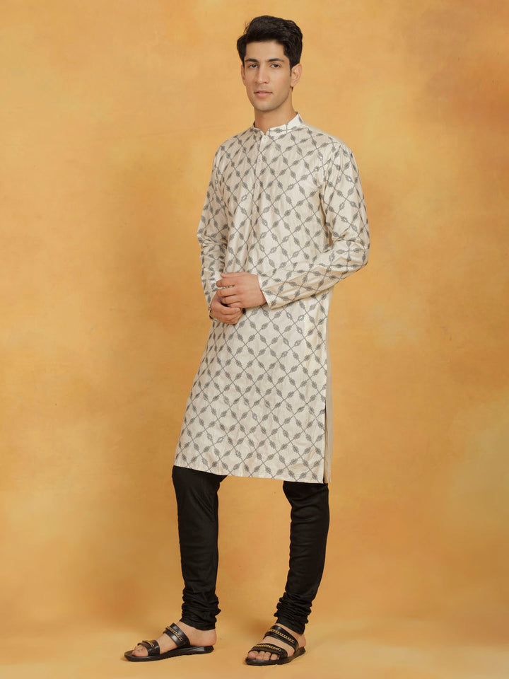 Sarvati Men's Cream And Black Cotton Blend Kurta And Pyjama Set