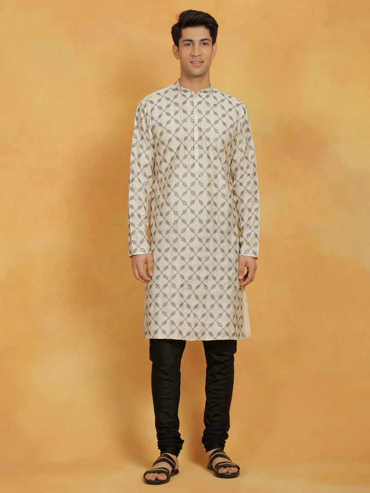 Sarvati Men's Cream And Black Cotton Blend Kurta And Pyjama Set