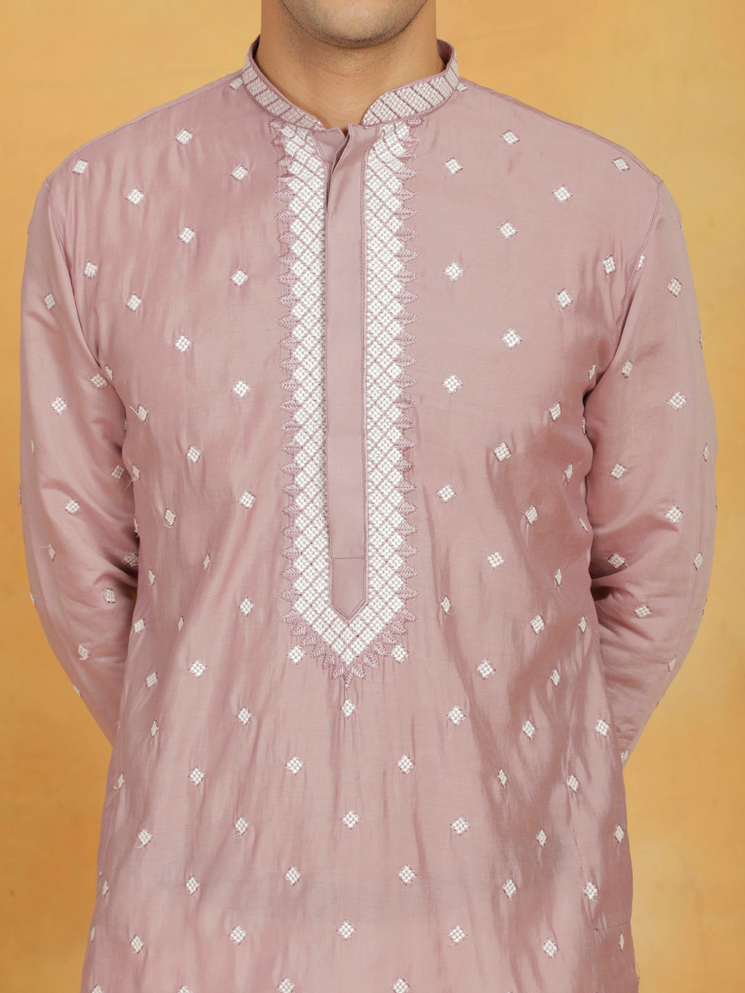 Sarvati Men's Pink And White Silk Blend Kurta And Pyjama Set