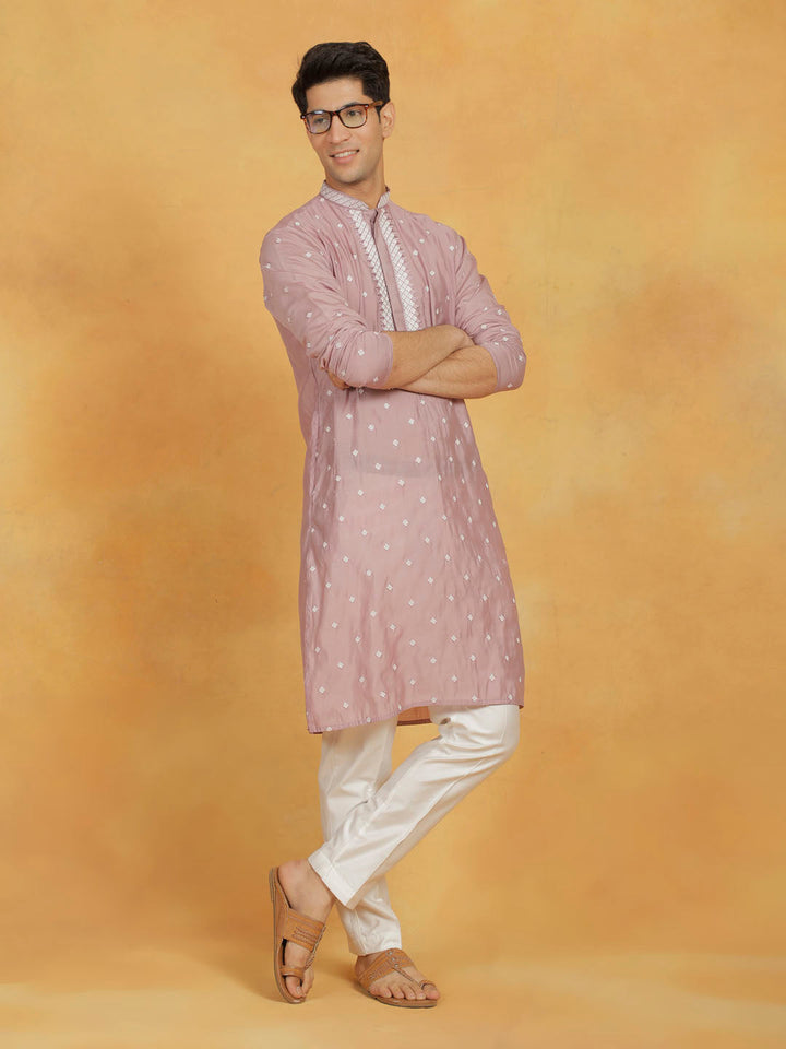 Sarvati Men's Pink And White Silk Blend Kurta And Pyjama Set