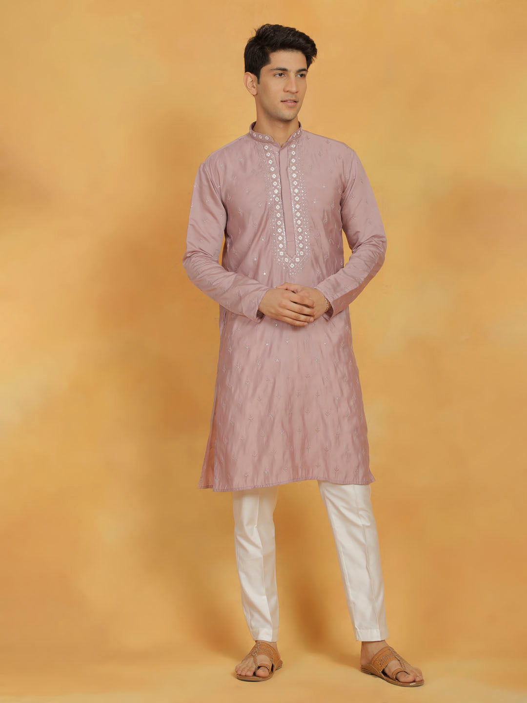 Sarvati Men's Pink And White Silk Blend Kurta And Pyjama Set