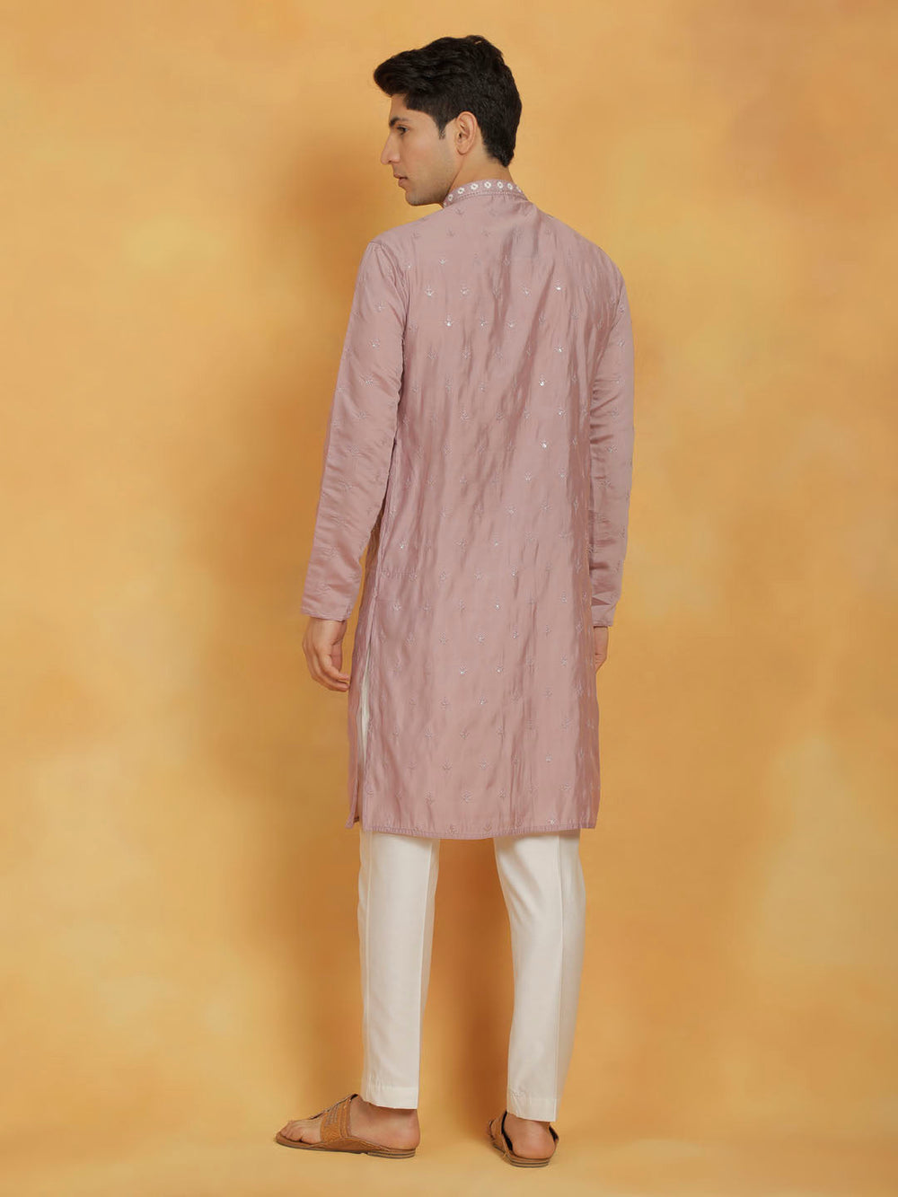 Sarvati Men's Pink And White Silk Blend Kurta And Pyjama Set