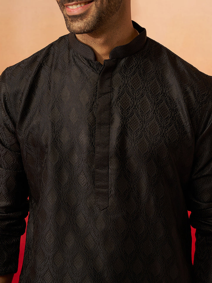 Men Black Silk Fancy Jacquard Kurta