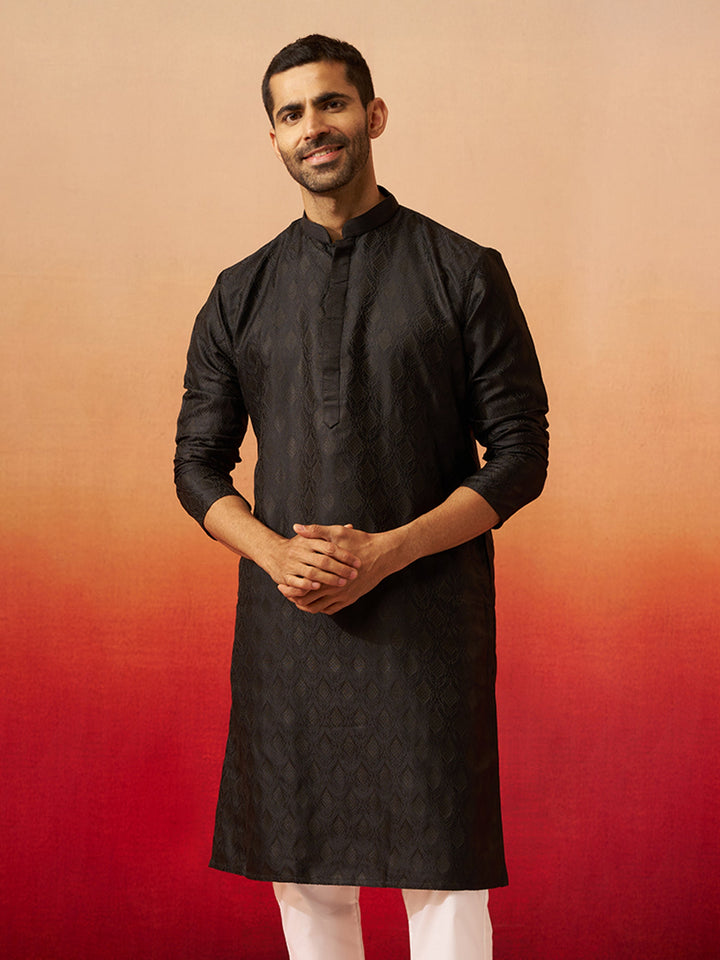 Men Black Silk Fancy Jacquard Kurta