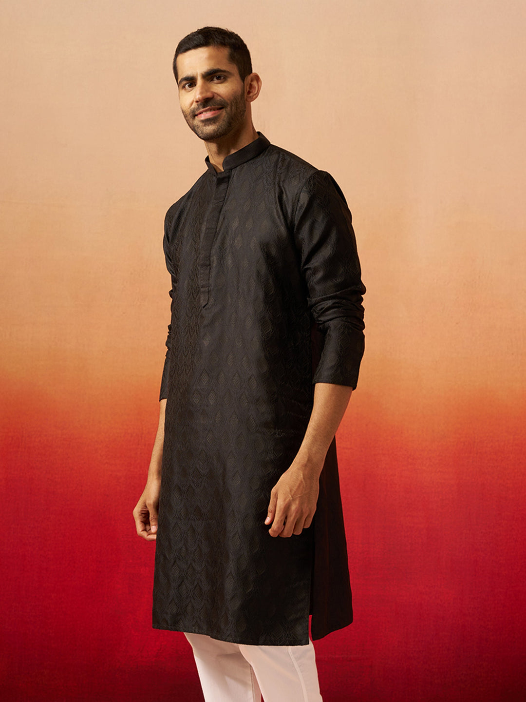 Men Black Silk Fancy Jacquard Kurta