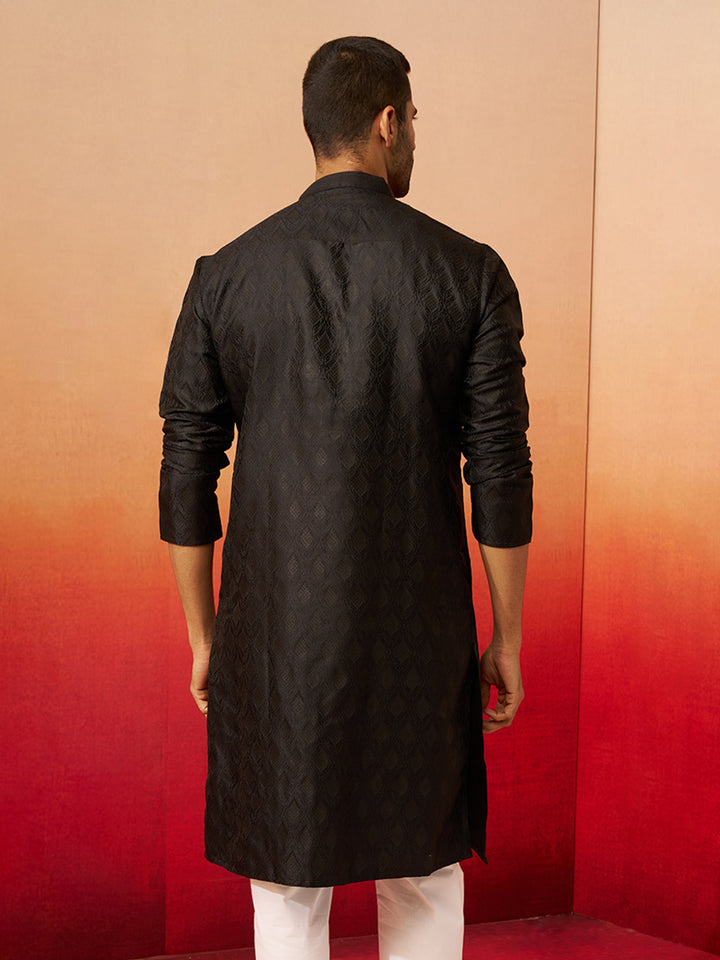 Men Black Silk Fancy Jacquard Kurta
