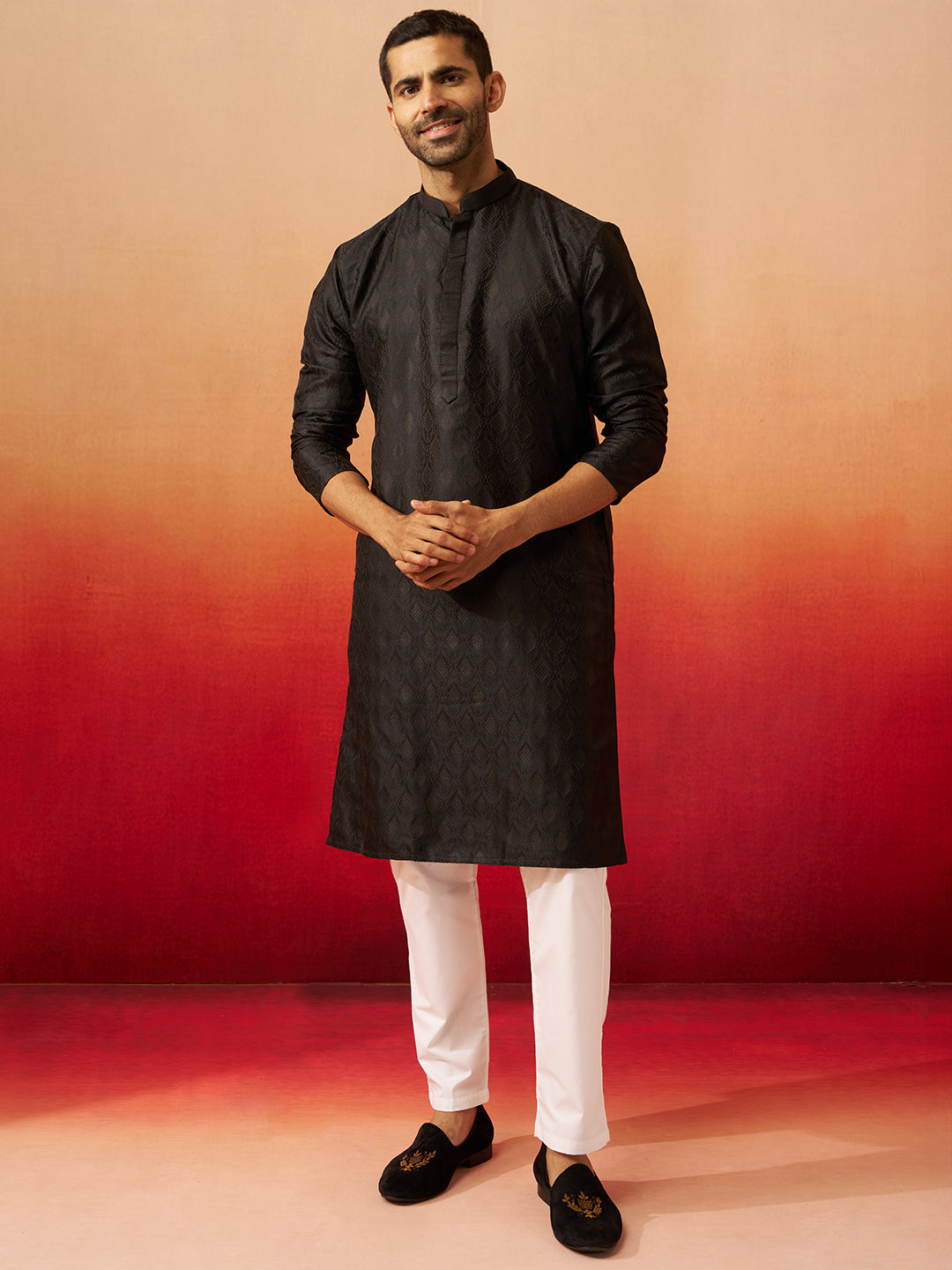 Men Black Silk Fancy Jacquard Kurta