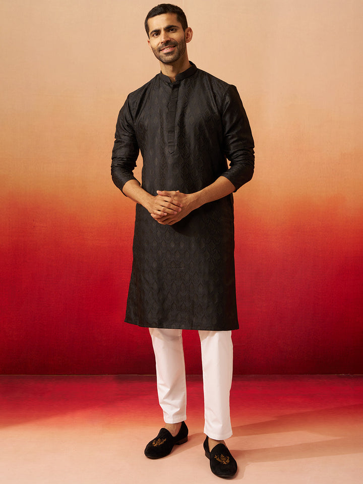 Men Black Silk Fancy Jacquard Kurta
