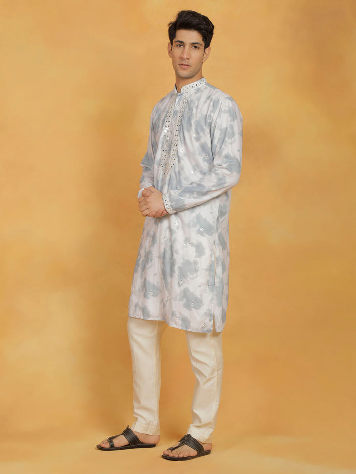 Sarvati Men's Gray And Cream Cotton Blend Kurta And Pyjama Set