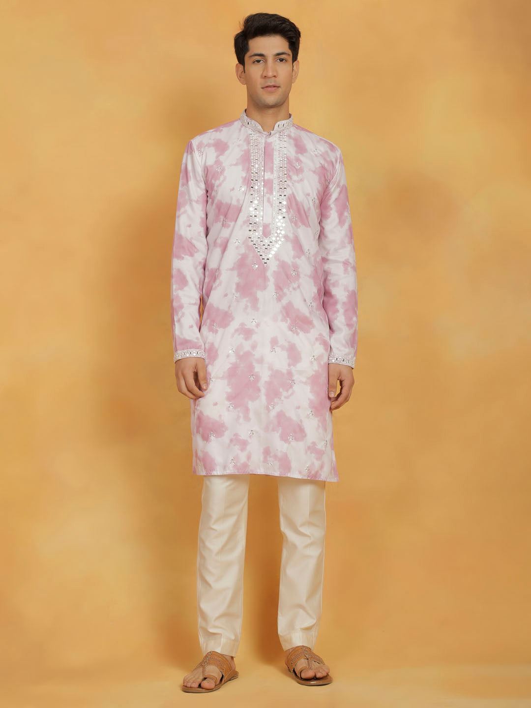 Sarvati Men's Pink And Cream Cotton Blend Kurta And Pyjama Set