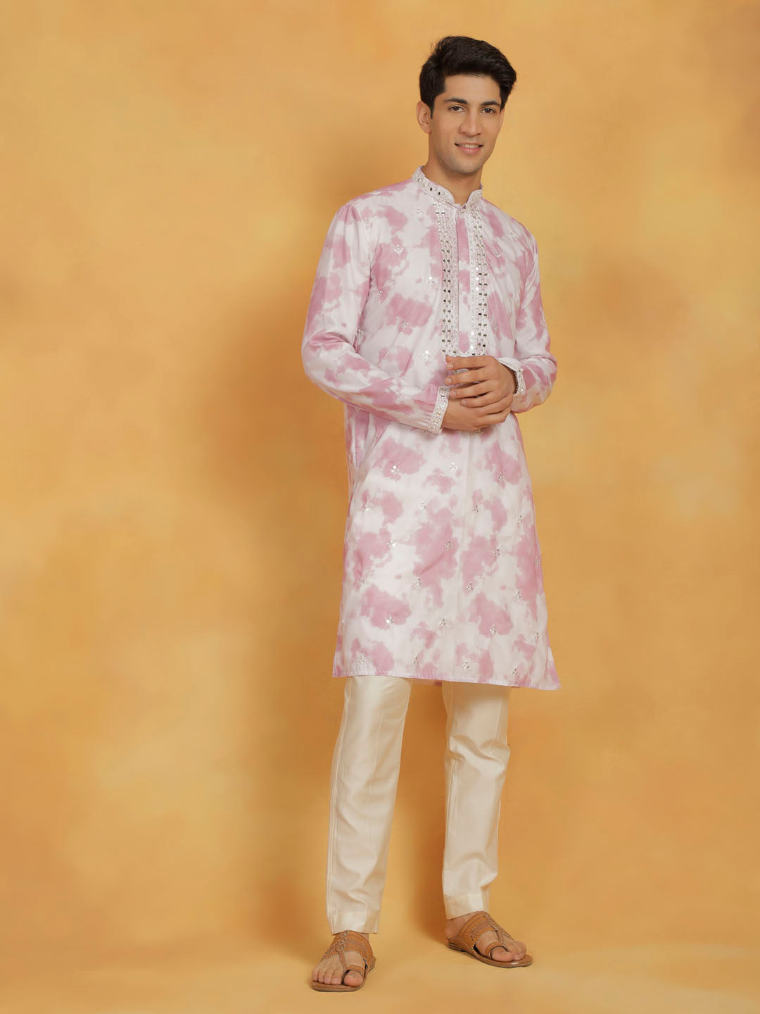 Sarvati Men's Pink And Cream Cotton Blend Kurta And Pyjama Set