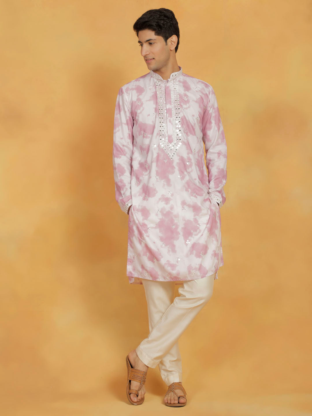 Sarvati Men's Pink And Cream Cotton Blend Kurta And Pyjama Set