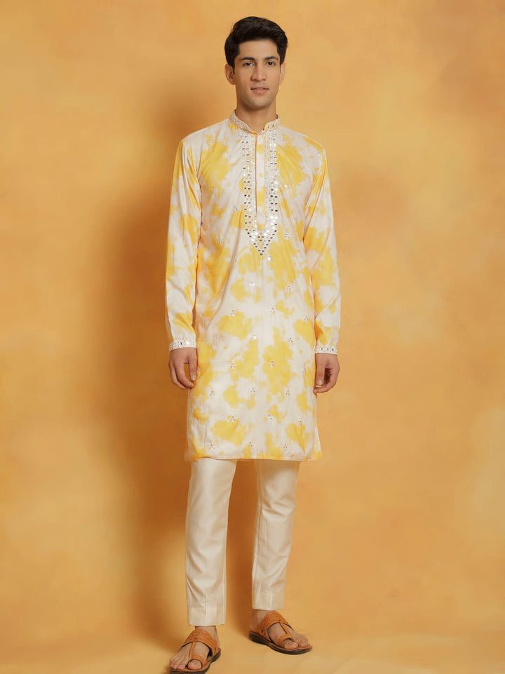 Sarvati Men's Yellow And Cream Cotton Blend Kurta And Pyjama Set