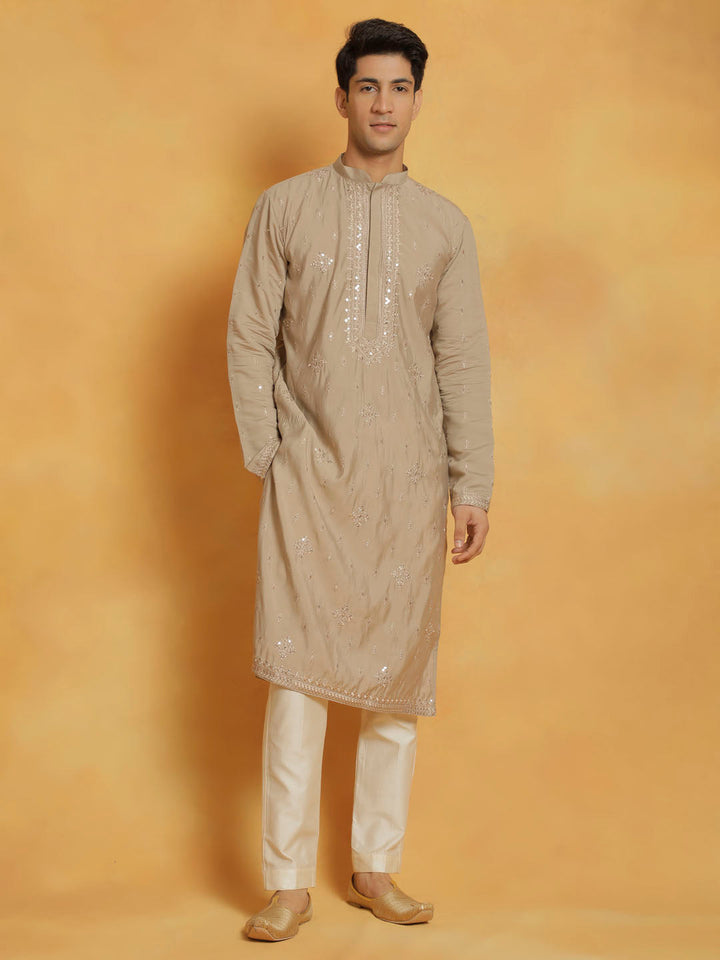 Sarvati Men's Gray And Cream Silk Blend Kurta And Pyjama Set