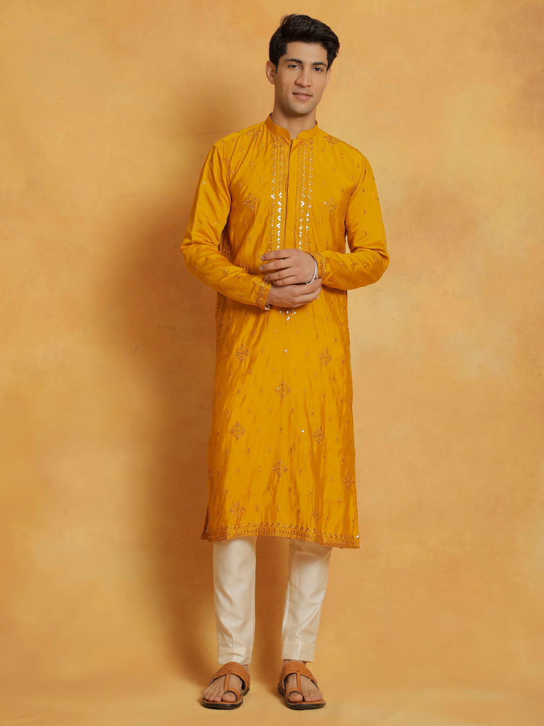 Sarvati Men's Mustard And Cream Silk Blend Kurta And Pyjama Set