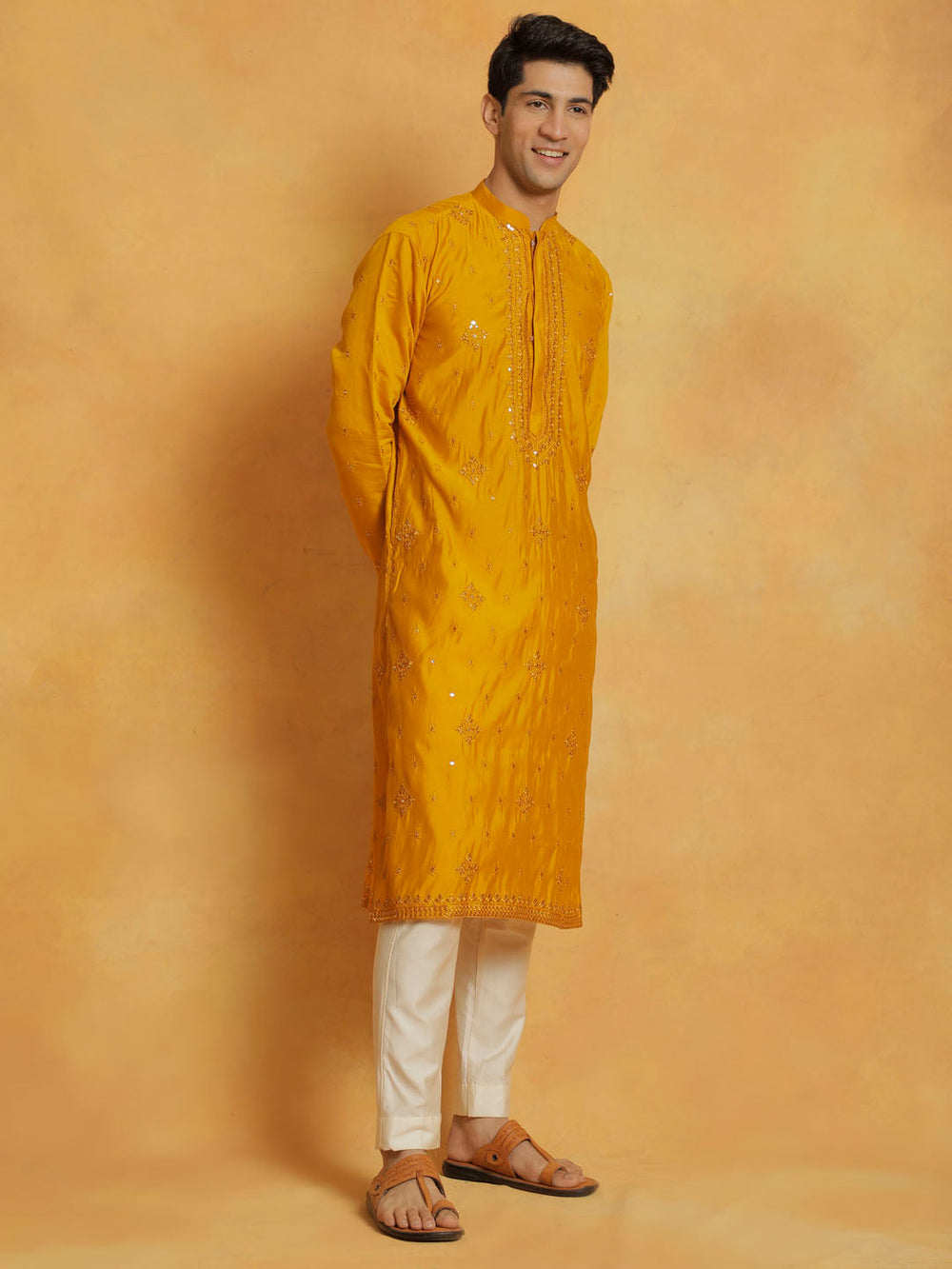 Sarvati Men's Mustard And Cream Silk Blend Kurta And Pyjama Set