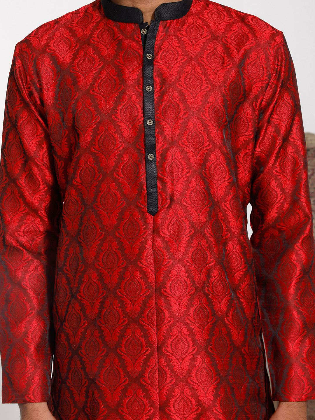 Sarvati Men's Maroon And Black Silk Blend Kurta Pyjama Set