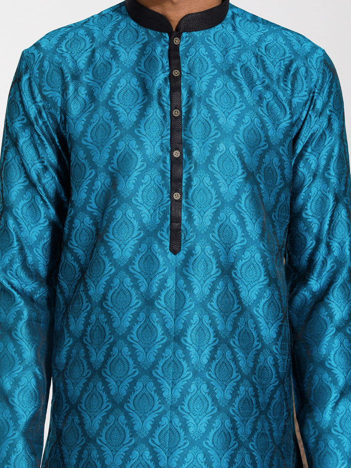 Sarvati Men's Turquoise And Black Silk Blend Kurta Pyjama Set