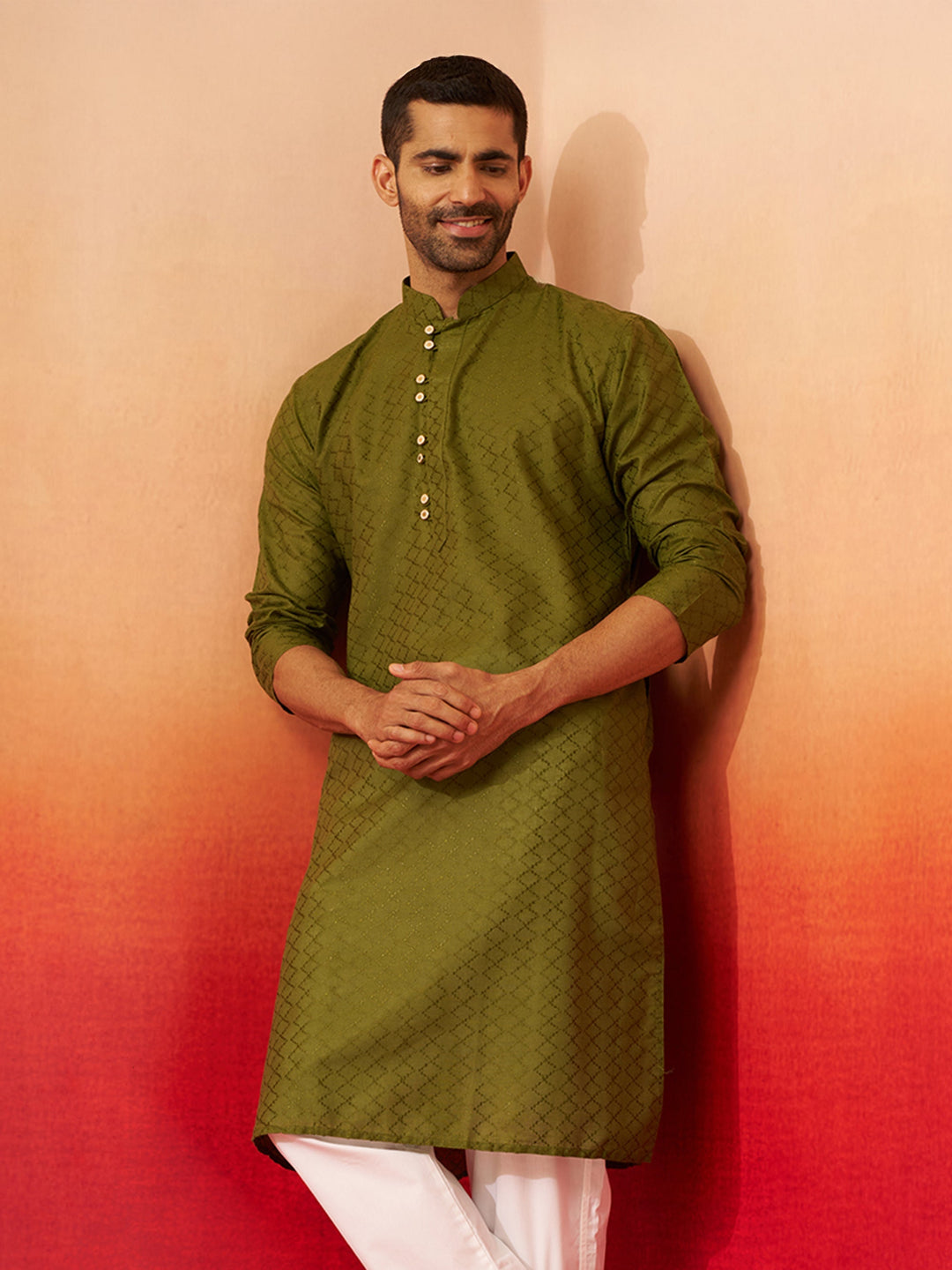 Men Mehendi Green Cotton Geometric Jacquard Kurta