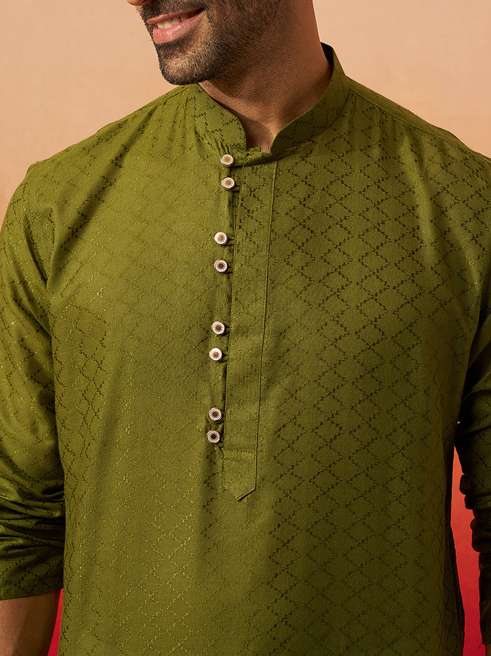 Men Mehendi Green Cotton Geometric Jacquard Kurta