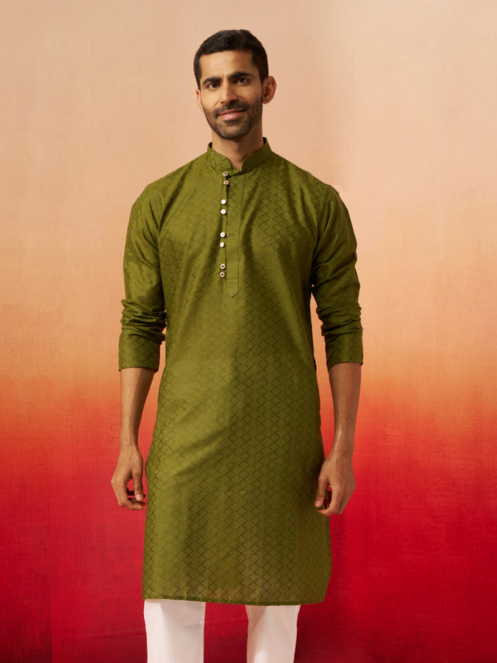 Men Mehendi Green Cotton Geometric Jacquard Kurta