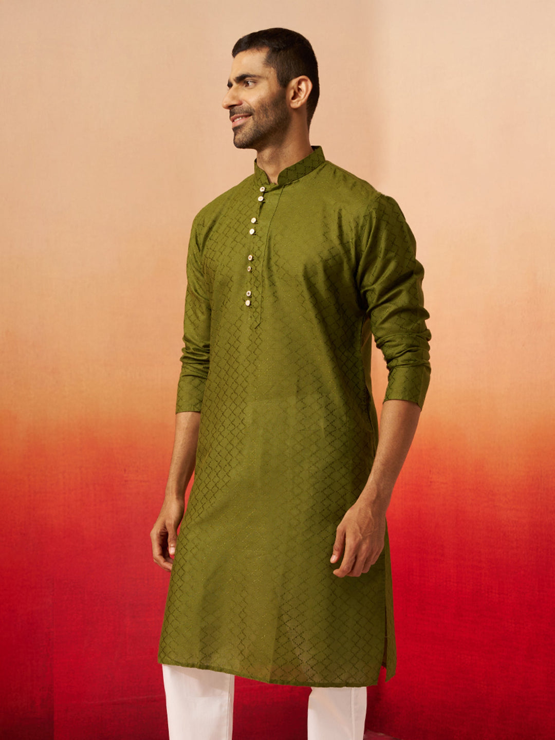 Men Mehendi Green Cotton Geometric Jacquard Kurta