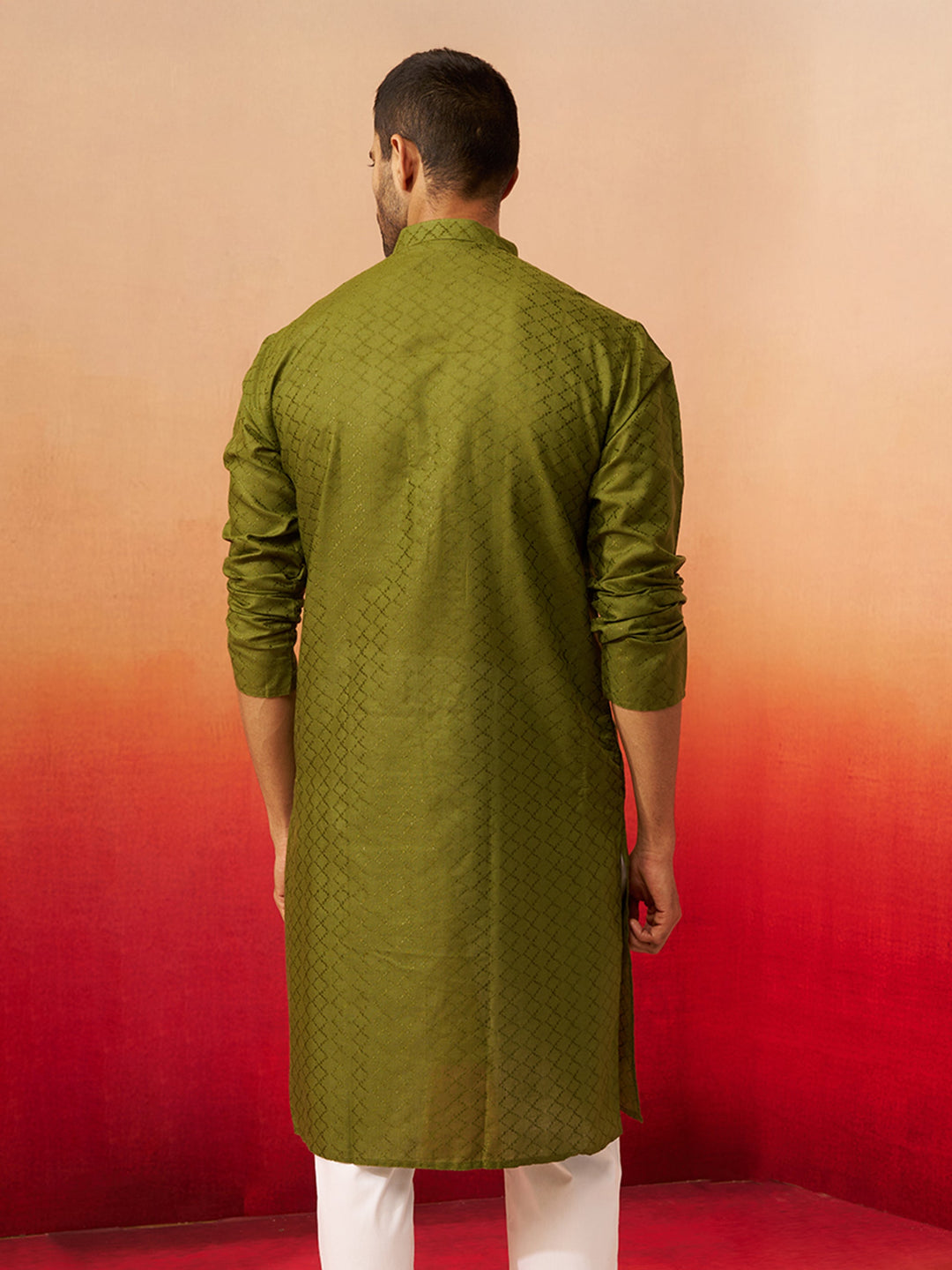 Men Mehendi Green Cotton Geometric Jacquard Kurta