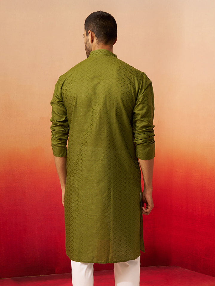 Men Mehendi Green Cotton Geometric Jacquard Kurta