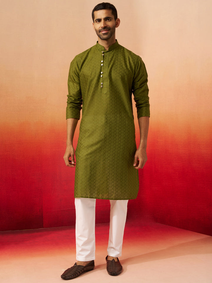 Men Mehendi Green Cotton Geometric Jacquard Kurta