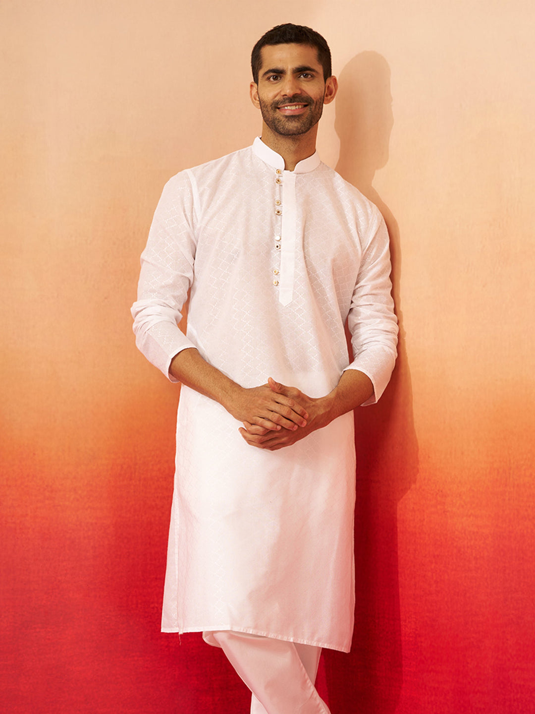 Men White Cotton Geometric Jacquard Kurta