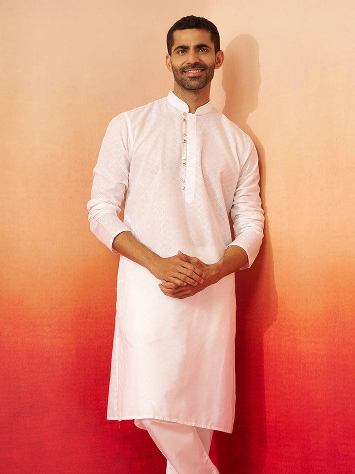 Men White Cotton Geometric Jacquard Kurta