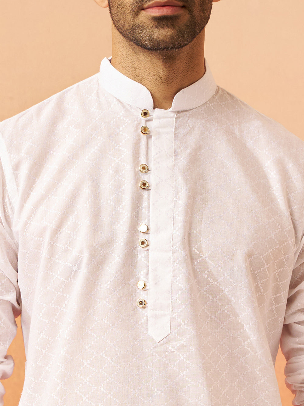 Men White Cotton Geometric Jacquard Kurta