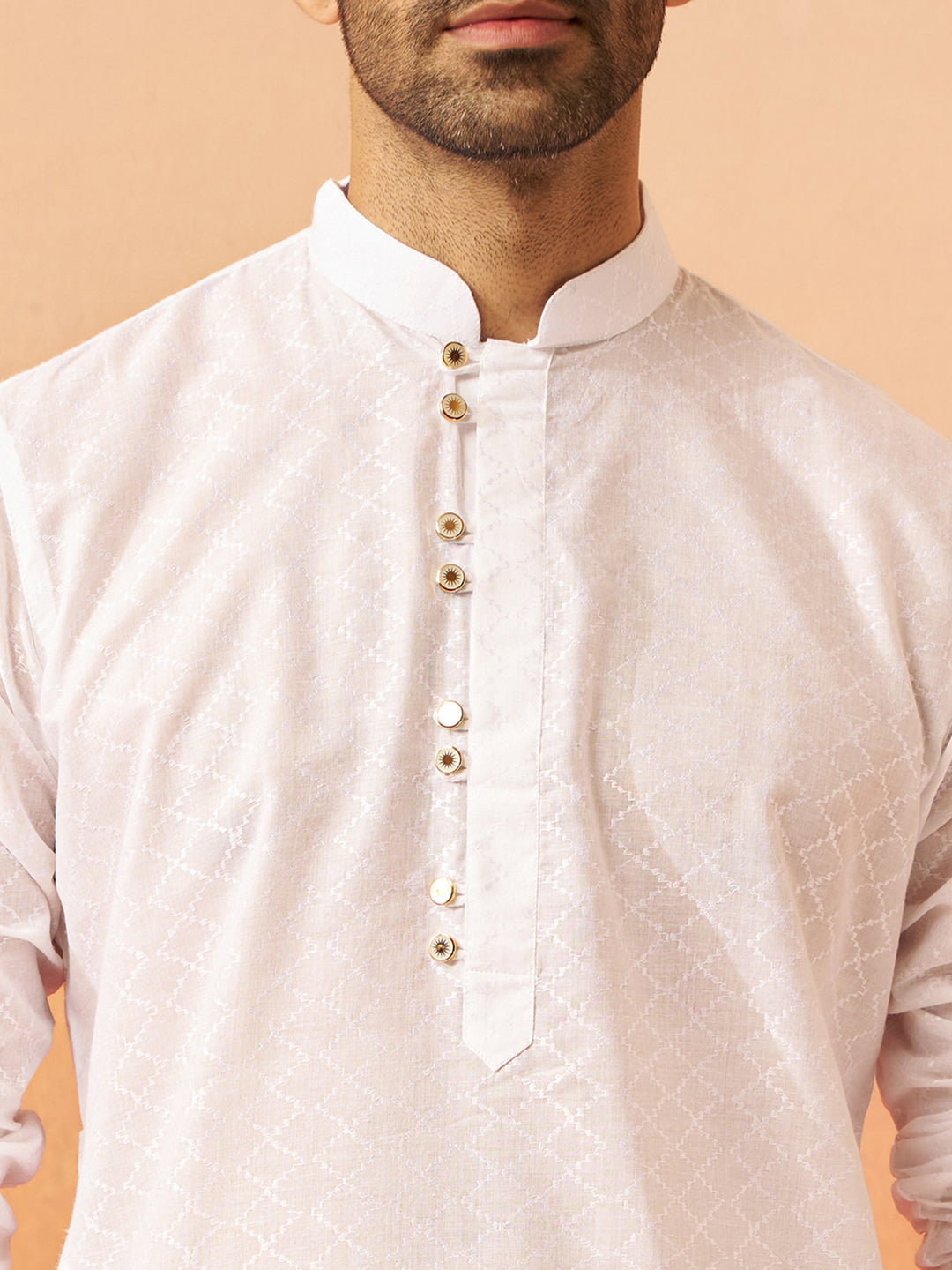 Men White Cotton Geometric Jacquard Kurta