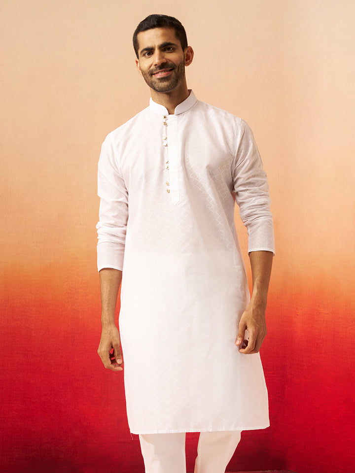 Men White Cotton Geometric Jacquard Kurta