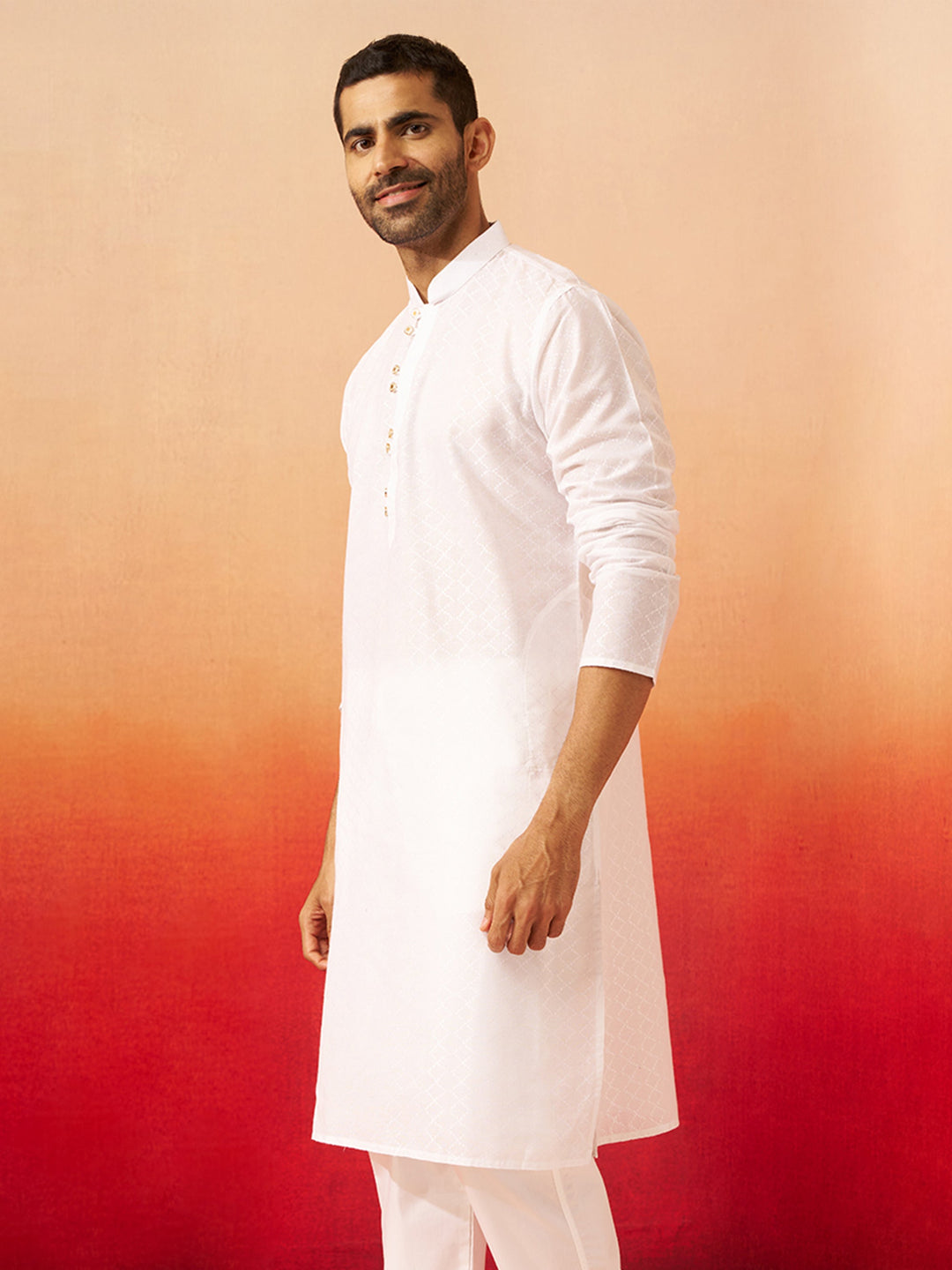 Men White Cotton Geometric Jacquard Kurta